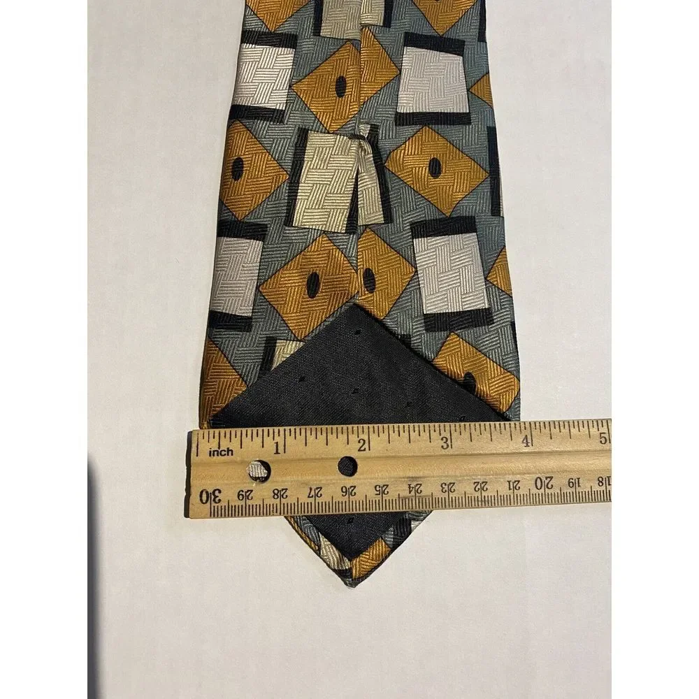 Gold Roberta Collection Mens 100% Silk Tie Made In Italy Geometric Gold/Slvr/Blu